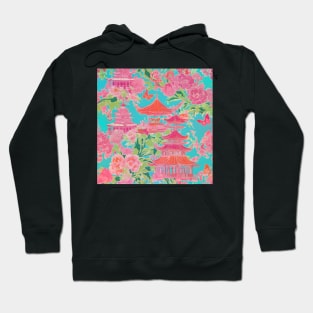 Preppy pink and orange chinoiserie pagoda garden on turquoise Hoodie